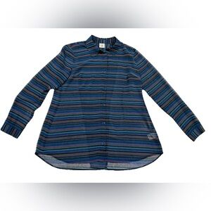 CAbi Sheer Blouse Blue Striped Split Back Button-Down Sz Small